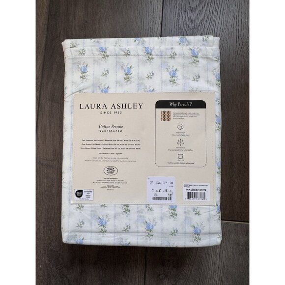 NEW Laura Ashley Sweet Buds- Blue Floral/ Stripes QUEEN Sheet Set Farmhouse - Picture 5 of 8